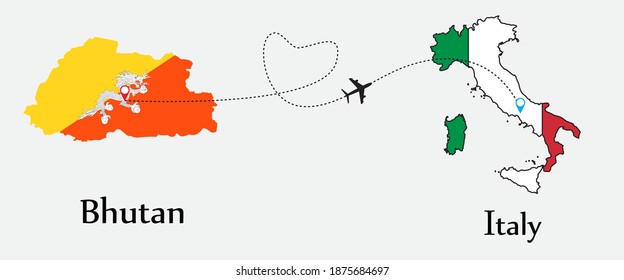 Transporte aéreo de Bután a Italia. Concepto un buen viaje turístico y de negocios de ambos países. Y símbolo de banderas en los mapas. EPS.file.