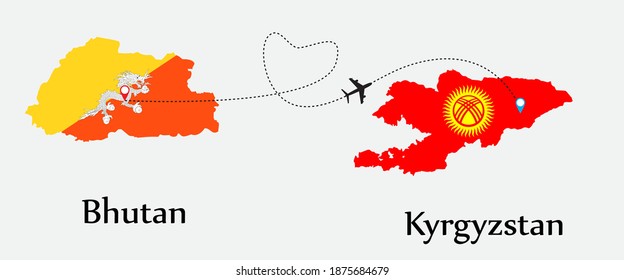 Airplane transport from Bhutan to Kyrgyzstan. Concept a good tour travel and business of both country. And flags symbol on maps. EPS.file.