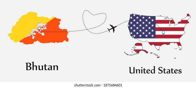 Airplane transport from Bhutan to United States. Concept a good tour travel and business of both country. And flags symbol on maps. EPS.file.