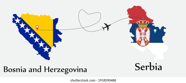 Airplane transport from Bosnia and Herzegovina to Serbia. Concept a good tour travel and business of both country. And flags symbol on maps. EPS.file.