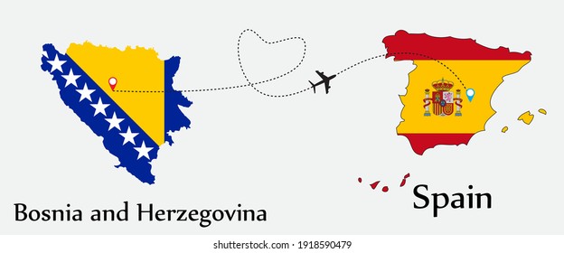 Airplane transport from Bosnia and Herzegovina to Spain. Concept a good tour travel and business of both country. And flags symbol on maps. EPS.file.