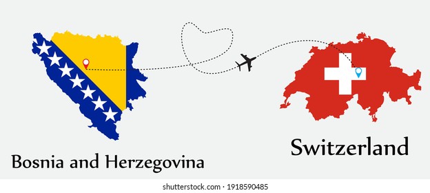 Airplane transport from Bosnia and Herzegovina to Switzerland. Concept a good tour travel and business of both country. And flags symbol on maps. EPS.file.