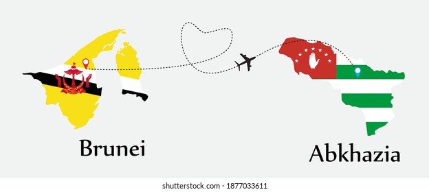 Airplane transport from Brunei to Abkhazia. Concept a good tour travel and business of both country. And flags symbol on maps. EPS.file.