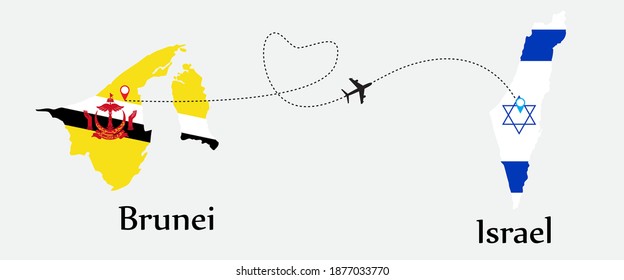 Airplane transport from Brunei to Israel. Concept a good tour travel and business of both country. And flags symbol on maps. EPS.file.