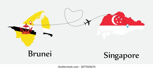 Airplane transport from Brunei to Singapore. Concept a good tour travel and business of both country. And flags symbol on maps. EPS.file.