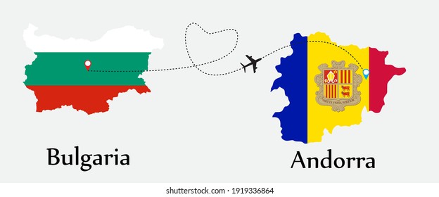 Airplane transport from Bulgaria to Andorra. Concept a good tour travel and business of both country. And flags symbol on maps. EPS.file.