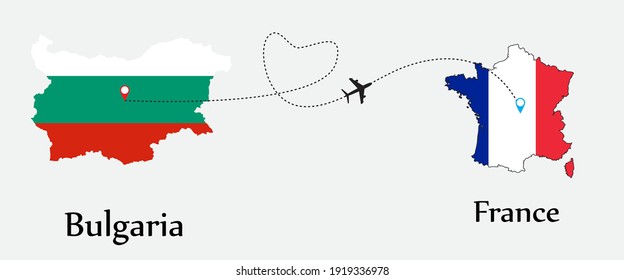 Airplane transport from Bulgaria to France. Concept a good tour travel and business of both country. And flags symbol on maps. EPS.file.
