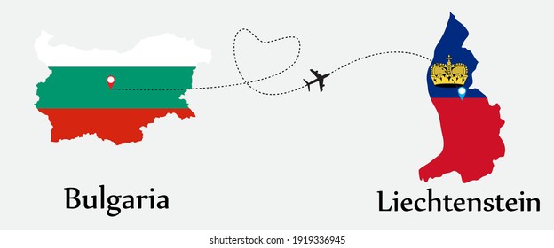 Airplane transport from Bulgaria to Liechtenstein. Concept a good tour travel and business of both country. And flags symbol on maps. EPS.file.