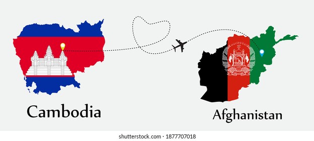 Airplane transport from Cambodia to Afghanistan. Concept a good tour travel and business of both country. And flags symbol on maps. EPS.file.