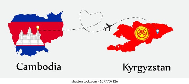 Airplane transport from Cambodia to Kyrgyzstan. Concept a good tour travel and business of both country. And flags symbol on maps. EPS.file.
