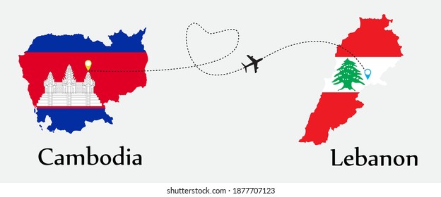 Airplane transport from Cambodia to Lebanon. Concept a good tour travel and business of both country. And flags symbol on maps. EPS.file.