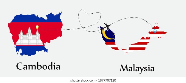 Airplane transport from Cambodia to Malaysia. Concept a good tour travel and business of both country. And flags symbol on maps. EPS.file.