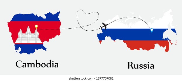 Airplane transport from Cambodia to Russia. Concept a good tour travel and business of both country. And flags symbol on maps. EPS.file.