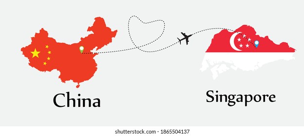 Airplane transport from China to Singapore. Concept a good tour travel and business of both country.