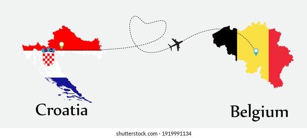 Airplane transport from Croatia to Belgium. Concept a good tour travel and business of both country. And flags symbol on maps. EPS.file.