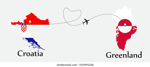 Airplane transport from Croatia to Greenland. Concept a good tour travel and business of both country. And flags symbol on maps. EPS.file.
