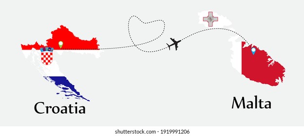Airplane transport from Croatia to Malta. Concept a good tour travel and business of both country. And flags symbol on maps. EPS.file.