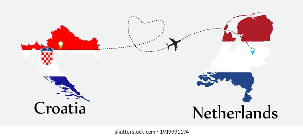 Airplane transport from Croatia to Netherlands. Concept a good tour travel and business of both country. And flags symbol on maps. EPS.file.