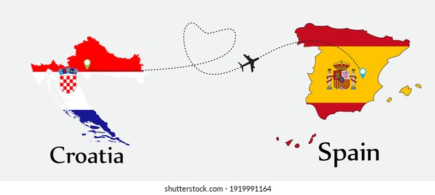 Airplane transport from Croatia to Spain. Concept a good tour travel and business of both country. And flags symbol on maps. EPS.file.