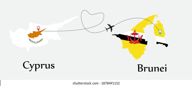 Airplane transport from Cyprus to Brunei. Concept a good tour travel and business of both country. And flags symbol on maps. EPS.file.