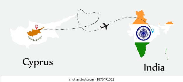 Airplane transport from Cyprus to India. Concept a good tour travel and business of both country. And flags symbol on maps. EPS.file.