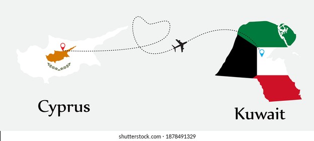 Airplane transport from Cyprus to Kuwait. Concept a good tour travel and business of both country. And flags symbol on maps. EPS.file.