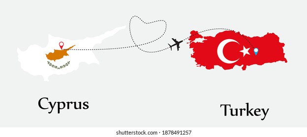 Airplane transport from Cyprus to Turkey. Concept a good tour travel and business of both country. And flags symbol on maps. EPS.file.