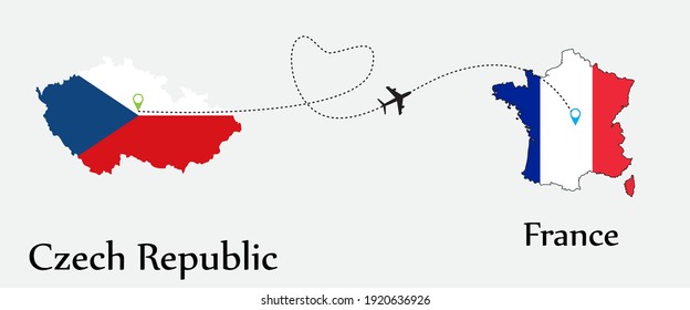 Airplane transport from Czech Republic to France. Concept a good tour travel and business of both country. And flags symbol on maps. EPS.file.