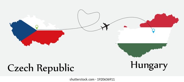 Airplane transport from Czech Republic to Hungary. Concept a good tour travel and business of both country. And flags symbol on maps. EPS.file.