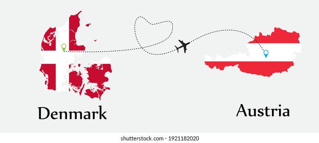 Airplane transport from Denmark to Austria. Concept a good tour travel and business of both country. And flags symbol on maps. EPS.file.