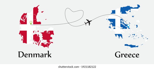 Airplane transport from Denmark to Greece. Concept a good tour travel and business of both country. And flags symbol on maps. EPS.file.