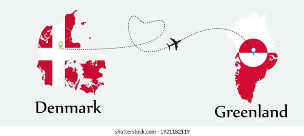Airplane transport from Denmark to Greenland. Concept a good tour travel and business of both country. And flags symbol on maps. EPS.file.