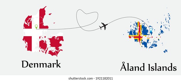 Airplane transport from Denmark to Åland Islands. Concept a good tour travel and business of both country. And flags symbol on maps. EPS.file.