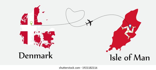 Airplane transport from Denmark to Isle of Man. Concept a good tour travel and business of both country. And flags symbol on maps. EPS.file.