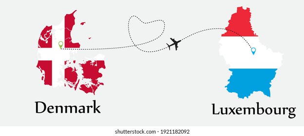 Airplane transport from Denmark to Luxembourg. Concept a good tour travel and business of both country. And flags symbol on maps. EPS.file.
