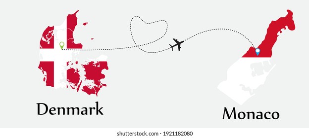 Airplane transport from Denmark to Monaco. Concept a good tour travel and business of both country. And flags symbol on maps. EPS.file.