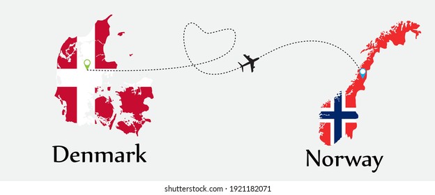 Airplane transport from Denmark to Norway. Concept a good tour travel and business of both country. And flags symbol on maps. EPS.file.