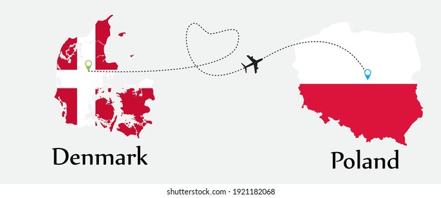 Airplane transport from Denmark to Poland. Concept a good tour travel and business of both country. And flags symbol on maps. EPS.file.