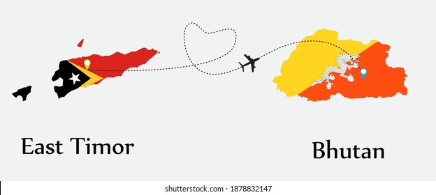 Airplane transport from East Timor to Bhutan. Concept a good tour travel and business of both country. And flags symbol on maps. EPS.file.