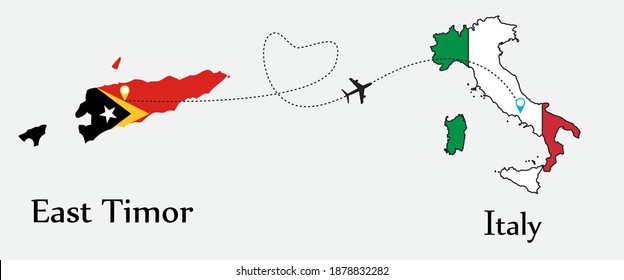 Airplane transport from East Timor to Italy. Concept a good tour travel and business of both country. And flags symbol on maps. EPS.file.