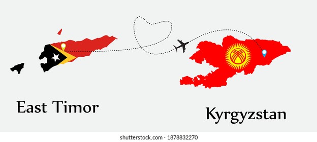 Airplane transport from East Timor to Kyrgyzstan. Concept a good tour travel and business of both country. And flags symbol on maps. EPS.file.