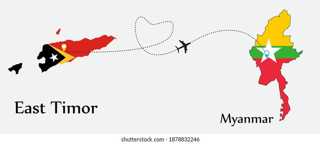 Airplane transport from East Timor to Myanmar. Concept a good tour travel and business of both country. And flags symbol on maps. EPS.file.