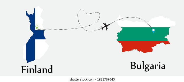 Airplane transport from Finland to Bulgaria. Concept a good tour travel and business of both country. And flags symbol on maps. EPS.file.
