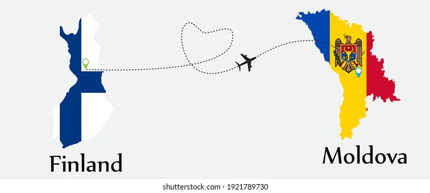 Airplane transport from Finland to Moldova. Concept a good tour travel and business of both country. And flags symbol on maps. EPS.file.