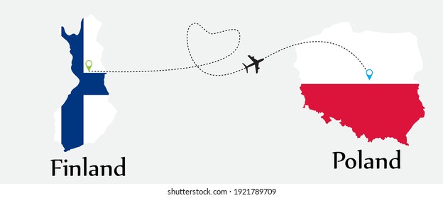 Airplane transport from Finland to Poland. Concept a good tour travel and business of both country. And flags symbol on maps. EPS.file.