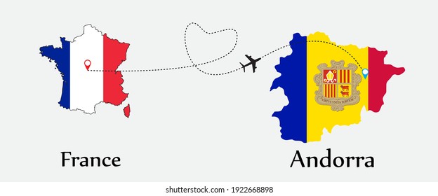 Airplane transport from France to Andorra. Concept a good tour travel and business of both country. And flags symbol on maps. EPS.file.