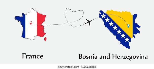 Airplane transport from France to Bosnia and Herzegovina. Concept a good tour travel and business of both country. And flags symbol on maps. EPS.file.