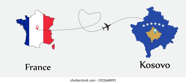 Airplane transport from France to Kosovo. Concept a good tour travel and business of both country. And flags symbol on maps. EPS.file.