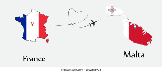 Airplane transport from France to Malta. Concept a good tour travel and business of both country. And flags symbol on maps. EPS.file.