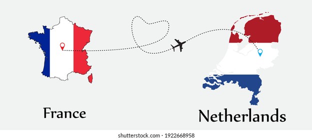 Transporte aéreo de Francia a los Países Bajos. Concepto un buen viaje turístico y de negocios de ambos países. Y símbolo de banderas en los mapas. EPS.file.